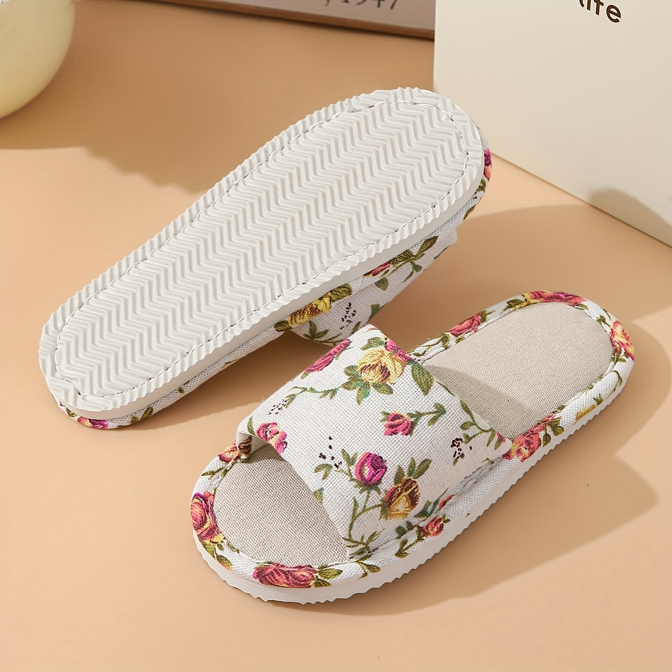 Rose Print Summer Women's Indoor Home Non-Slip Floor Slippers, Breathable Bedroom Soft-Soled Fabric Slippers, Women Shoes