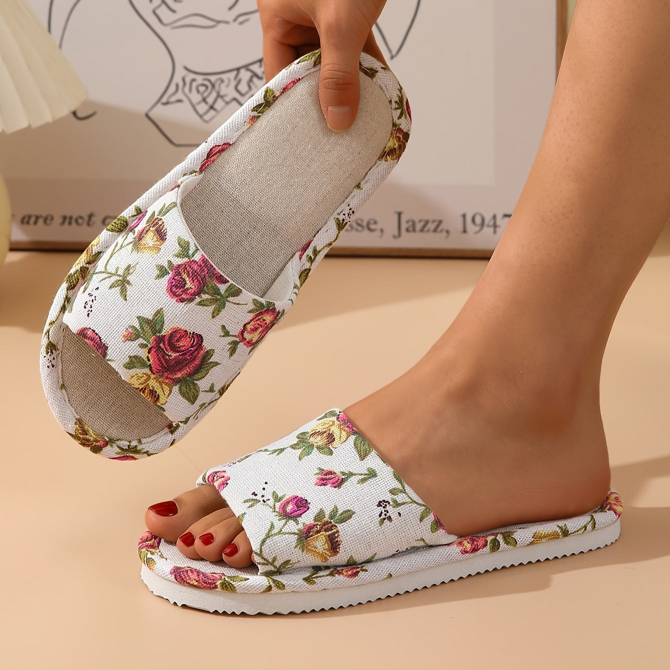 Rose Print Summer Women's Indoor Home Non-Slip Floor Slippers, Breathable Bedroom Soft-Soled Fabric Slippers, Women Shoes