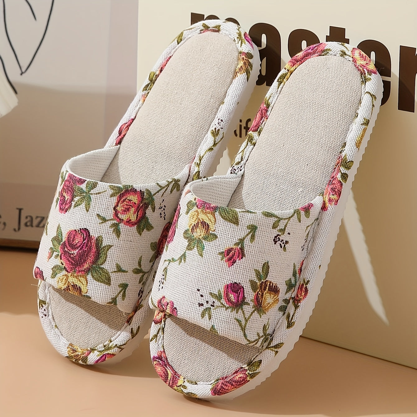 Rose Print Summer Women's Indoor Home Non-Slip Floor Slippers, Breathable Bedroom Soft-Soled Fabric Slippers, Women Shoes