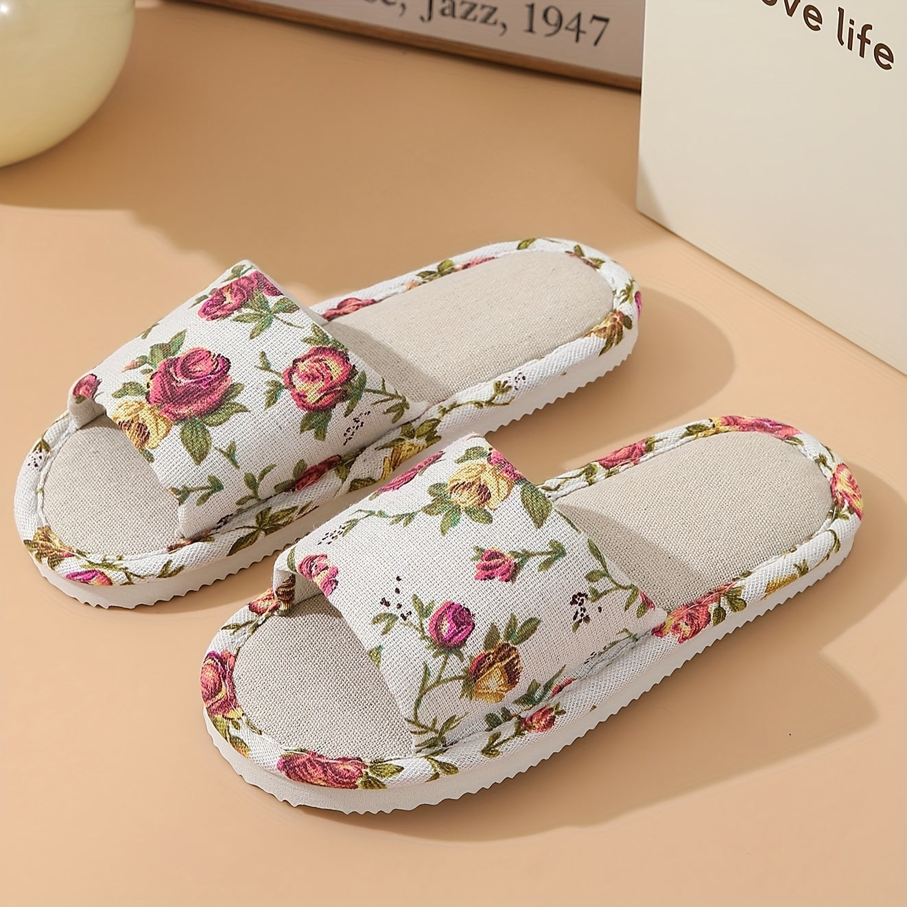 Rose Print Summer Women's Indoor Home Non-Slip Floor Slippers, Breathable Bedroom Soft-Soled Fabric Slippers, Women Shoes
