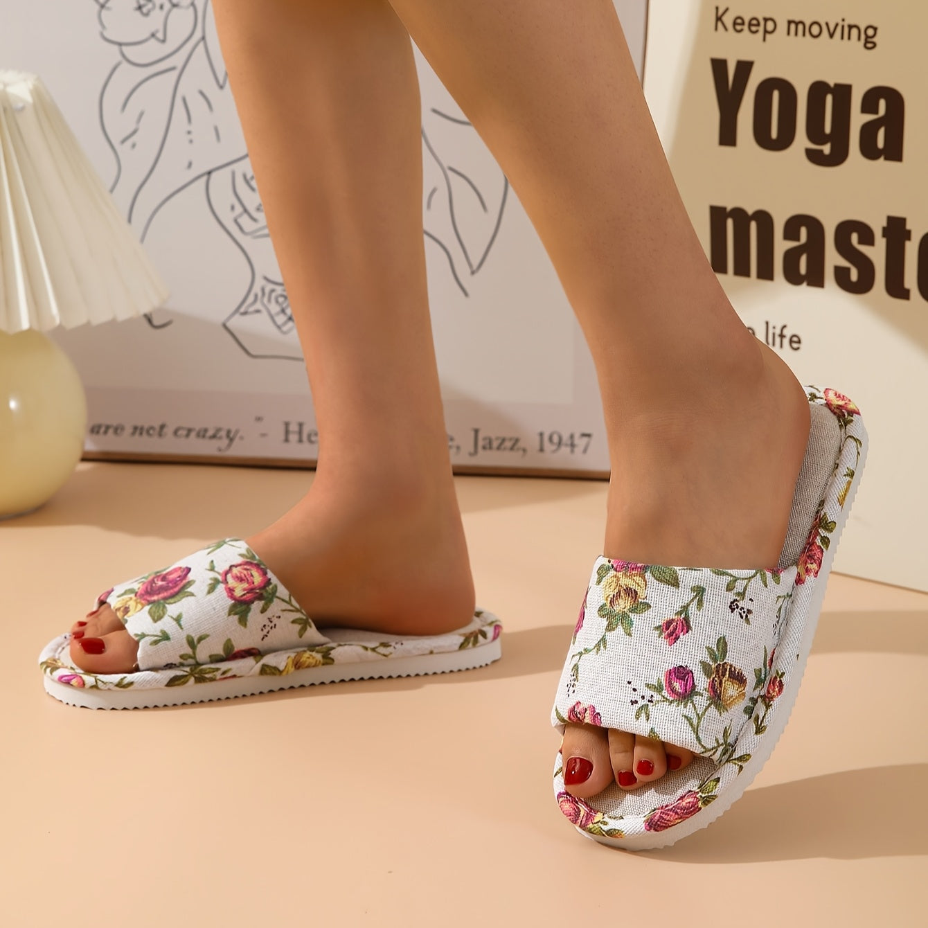 Rose Print Summer Women's Indoor Home Non-Slip Floor Slippers, Breathable Bedroom Soft-Soled Fabric Slippers, Women Shoes